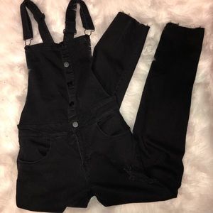 Black distressed overalls
